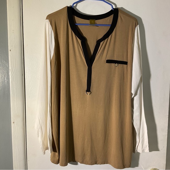 Anne Klein Vintage Beige White & Black V neck Long SL Pullover Top 3X - Picture 4 of 4
